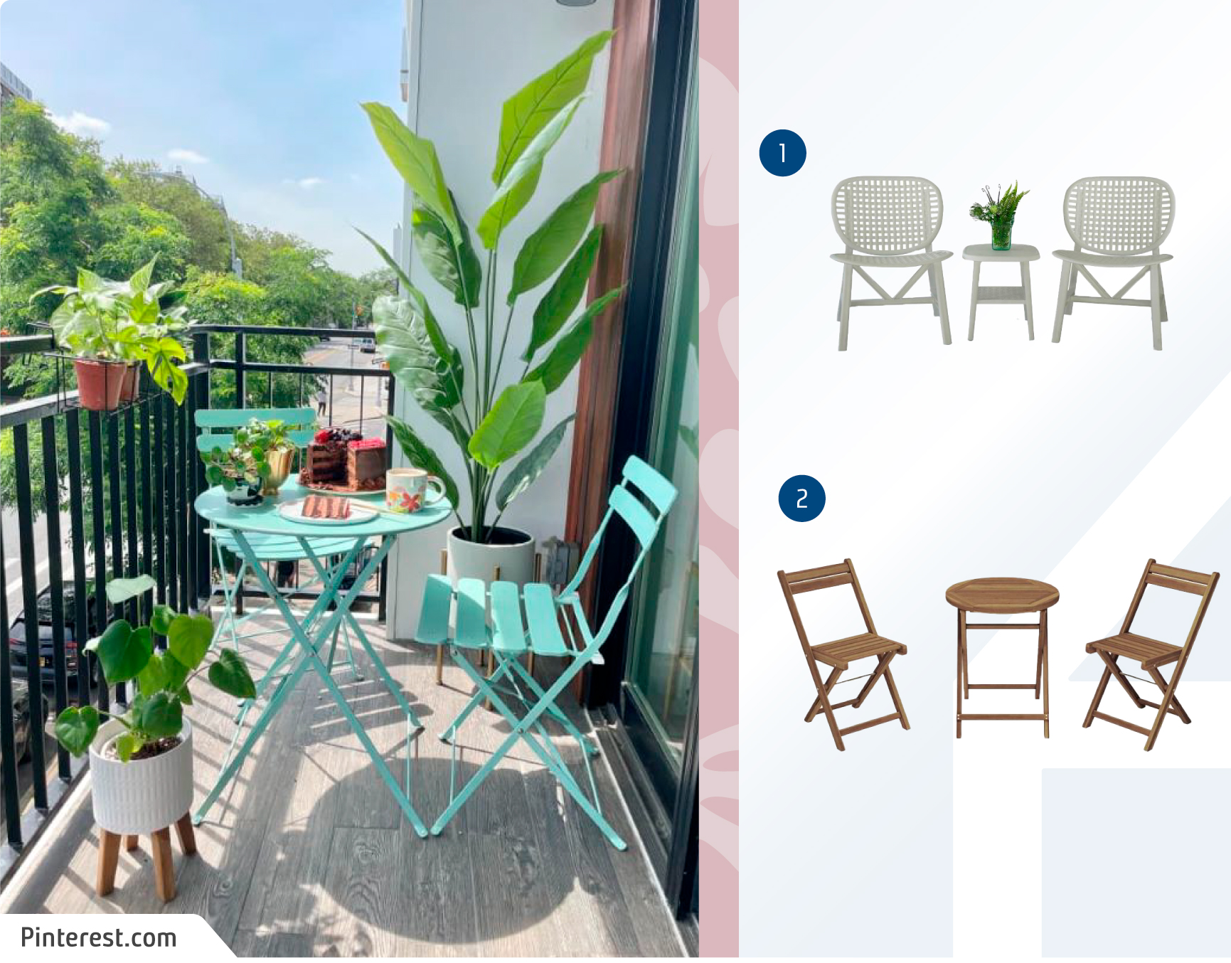 Balcón pequeño con un juego de balcón color menta junto a un moodboard de juegos de balcón disponibles en Sodimac.