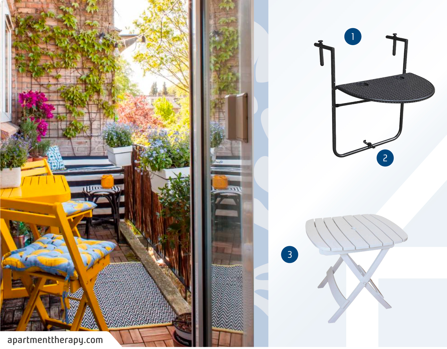 Balcón pequeño con un juego de balcón amarillo plegables junto a un moodboard de mesas para balcón plegables disponibles en Sodimac.