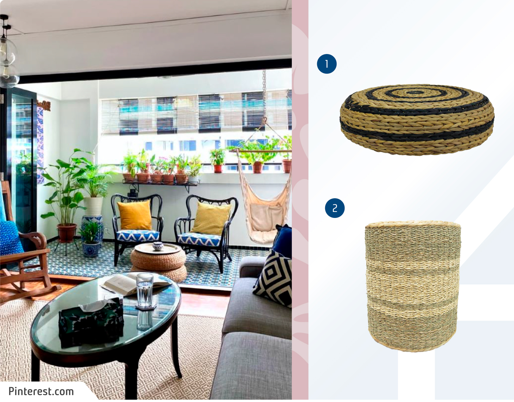 Balcón pequeño conectado a un living, con dos poltronas de metal, una silla colgante y poufs de fibra natural que funciona como mesa de centro; junto a un moodboard de poufs disponibles en Sodimac.
