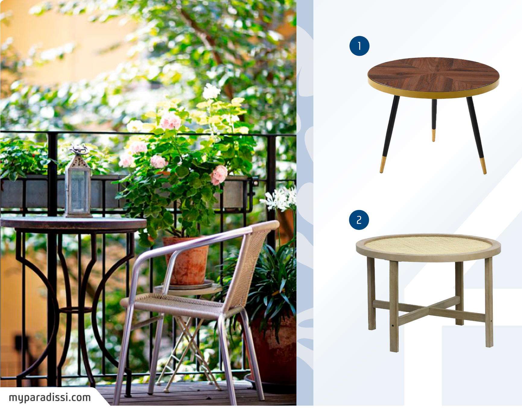 Balcón pequeño con una mesa redonda y silla de metal; junto a un moodboard de mesas redondas pequeñas disponibles en Sodimac.