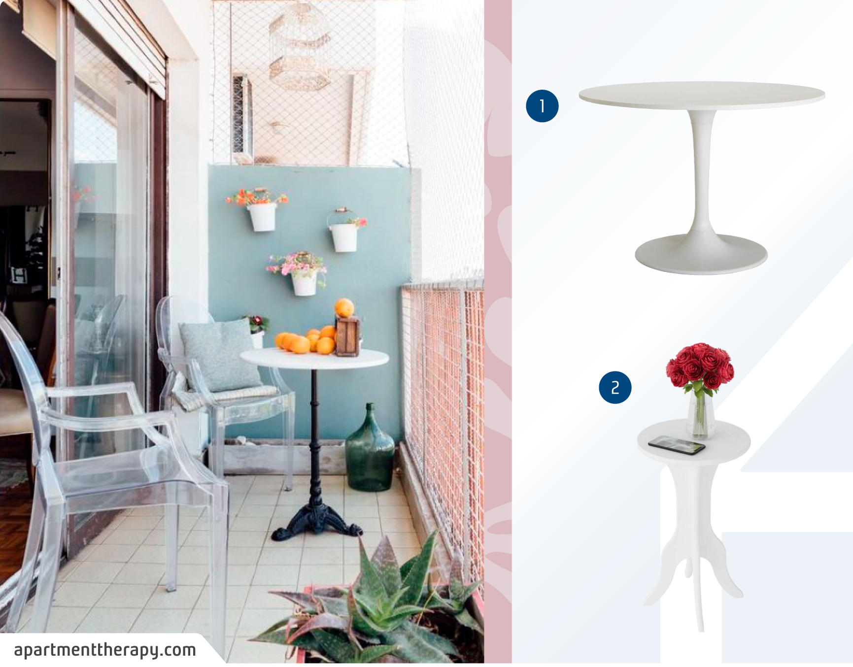 Balcón pequeño con una mesa de un pie blanco con base negra, con dos sillas transparentes; junto a un moodboard de mesas redondas blancas disponibles en Sodimac.