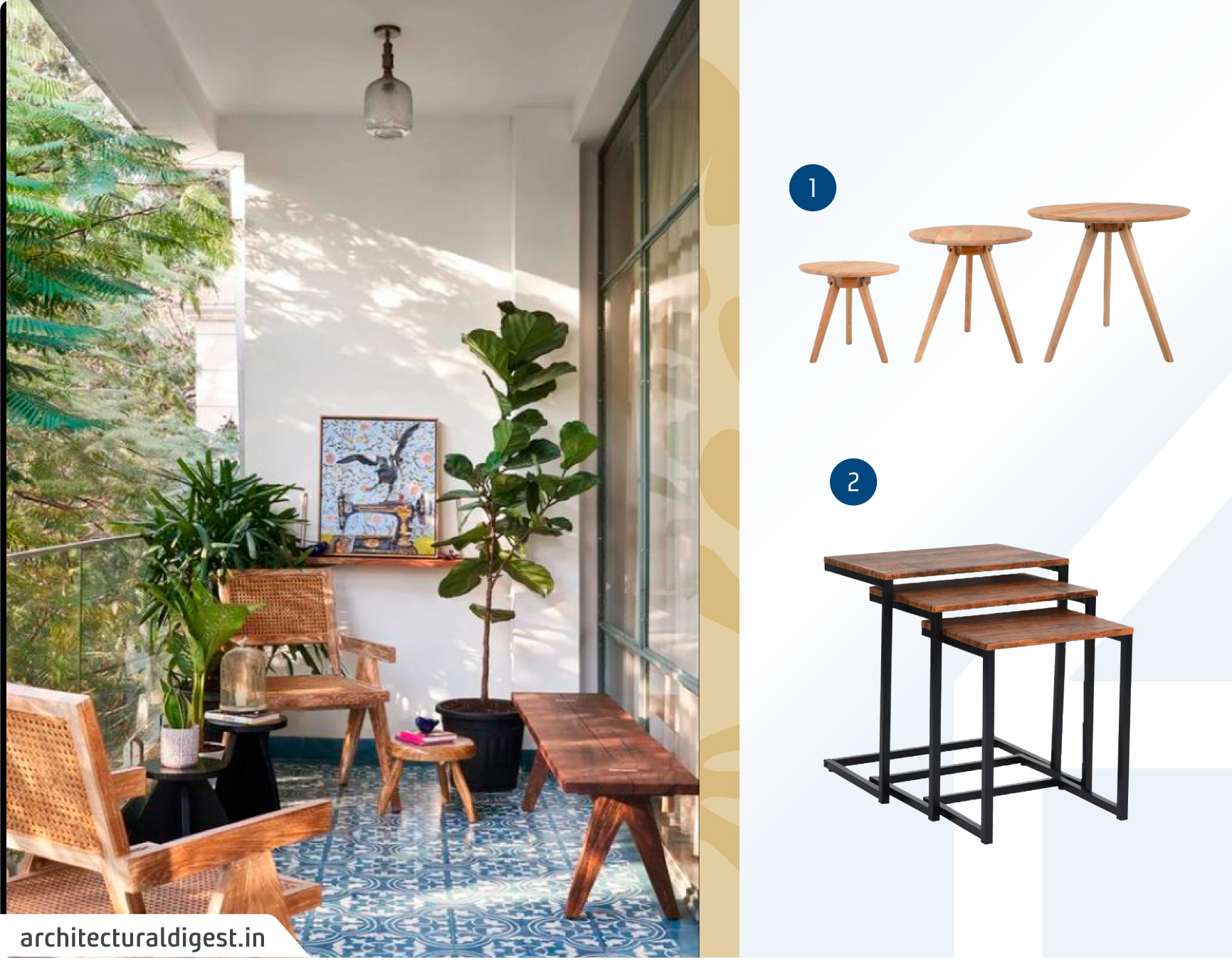 Balcón pequeño con dos poltronas de madera y detalles de fibras naturales, dos mesas laterales pequeñas negras y una banca de madera oscura; junto a un moodboard de conjuntos de mesas laterales disponibles en Sodimac.