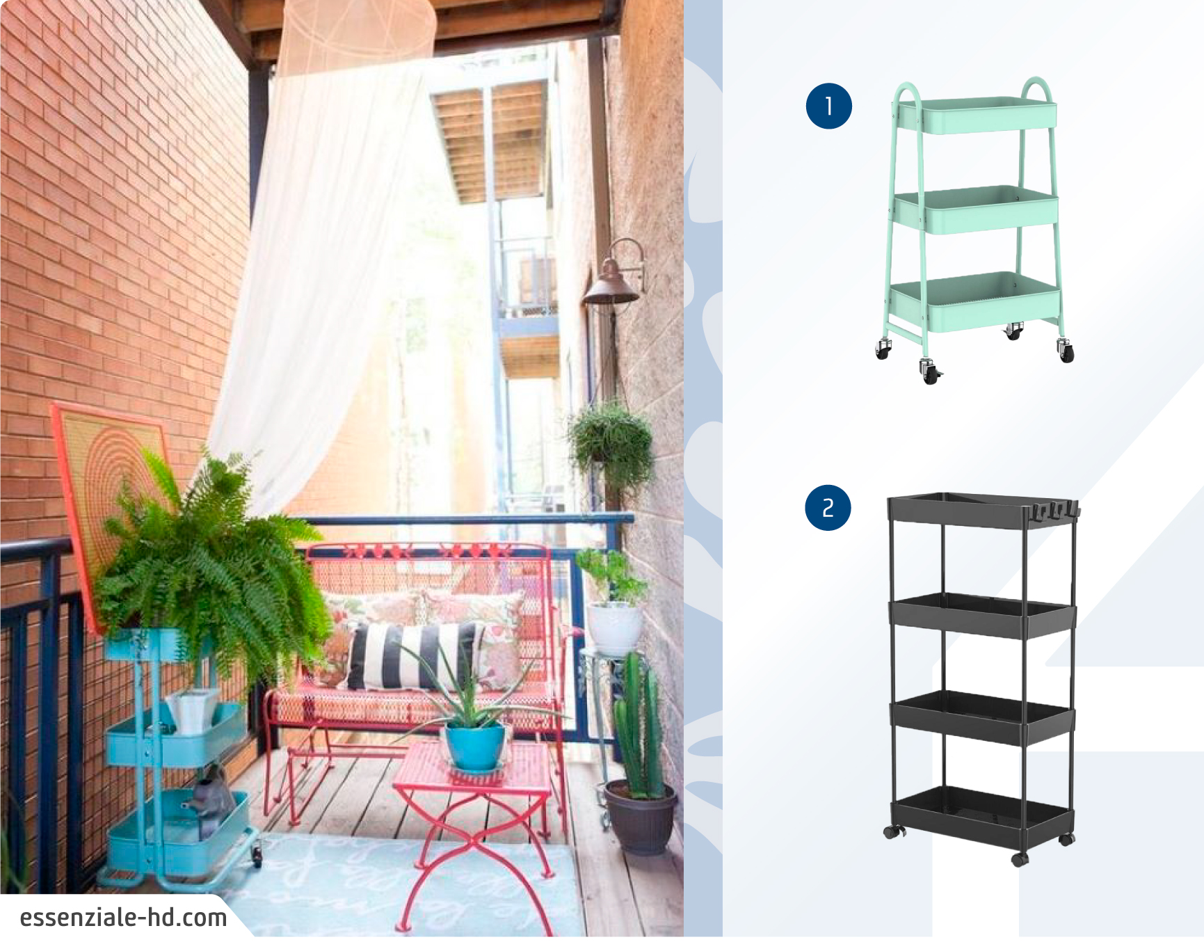 Balcón pequeño con una banca y mesa de metal rojo y un carrito de metal celeste; junto a un moodboard de carritos disponibles en Sodimac.