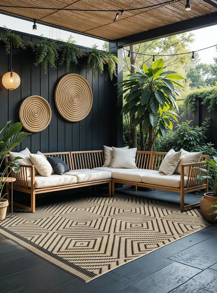 Terraza de estilo Boho chic con una alfombra con patrón tribal de yute y líneas negras. Sobre ella hay un living de terraza de madera y mucha vegetación alrededor.
