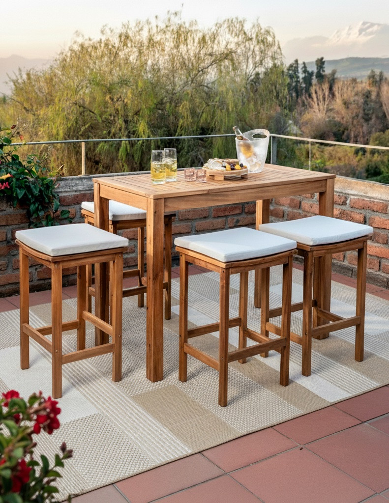 Juego de bar de terraza de madera con asientos blancos. En el piso hay una alfombra con bloques de color beige, crema y blanco.