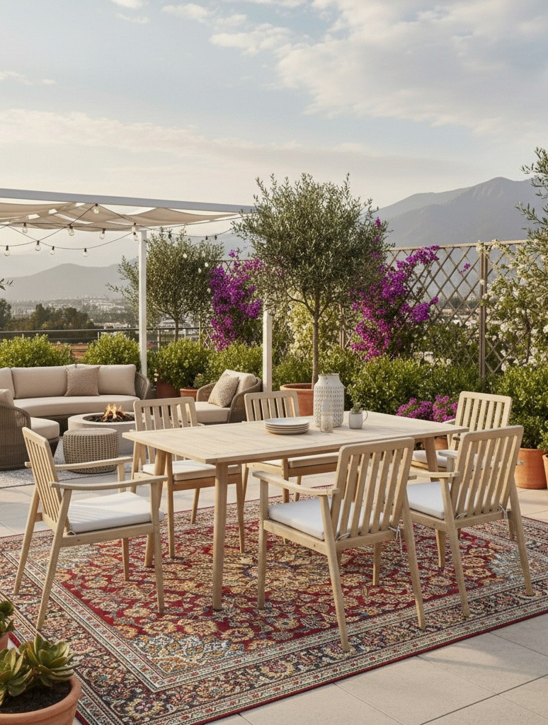 Alfombra estilo oriental en una terraza de estilo Boho chic. Sobre ella hay un comedor de madera clara con cojines blancos. 