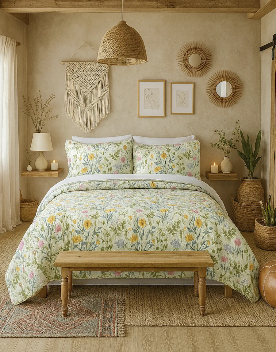Dormitorio de estilo Boho chic con una cama de 2 plaza con un quilt floreado verde pastel. La habitación está decorada con distintas decoraciones de fibras naturales, desde una lámpara colgante, espejos, canastos y una alfombra.