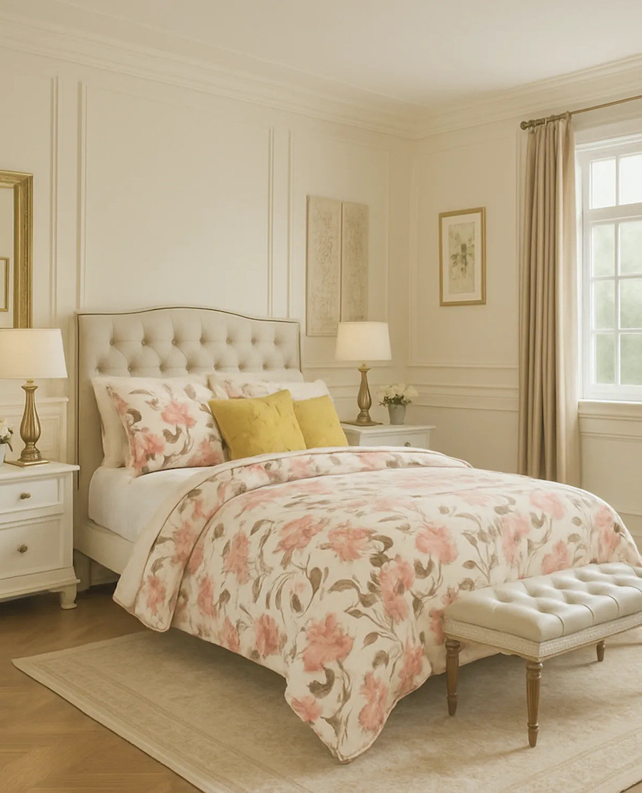 Dormitorio de estilo clásico chic con una cama con un cubrecama de flores rosadas grandes.