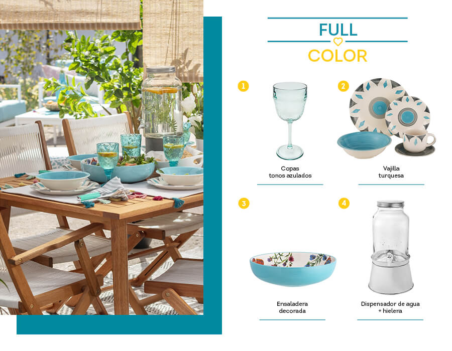 Se muestran copas, juegos de loza, fuentes, un dispensador de agua y menaje de mesa o comedor de tonos turquesas.