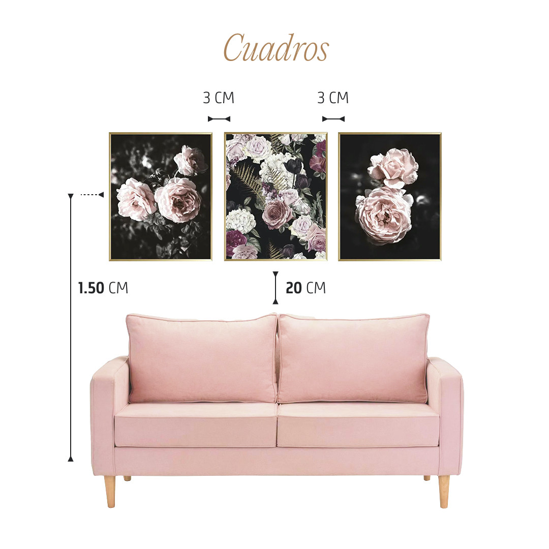 Infografía que muestra a qué altura colgar un cuadro, la separación entre cuadros y la distancia que debe haber entre el sofá y la parte inferior del cuadro.