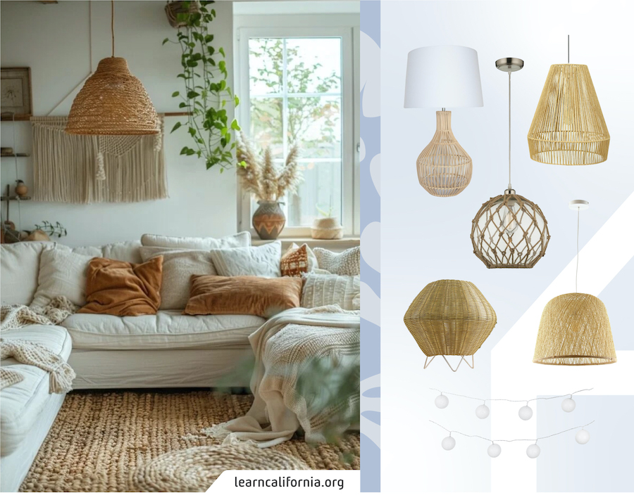 Living de estilo boho chic. A su lado un moodboard Sodimac con lámparas de techo, de mesa y guirnaldas de estilo boho.