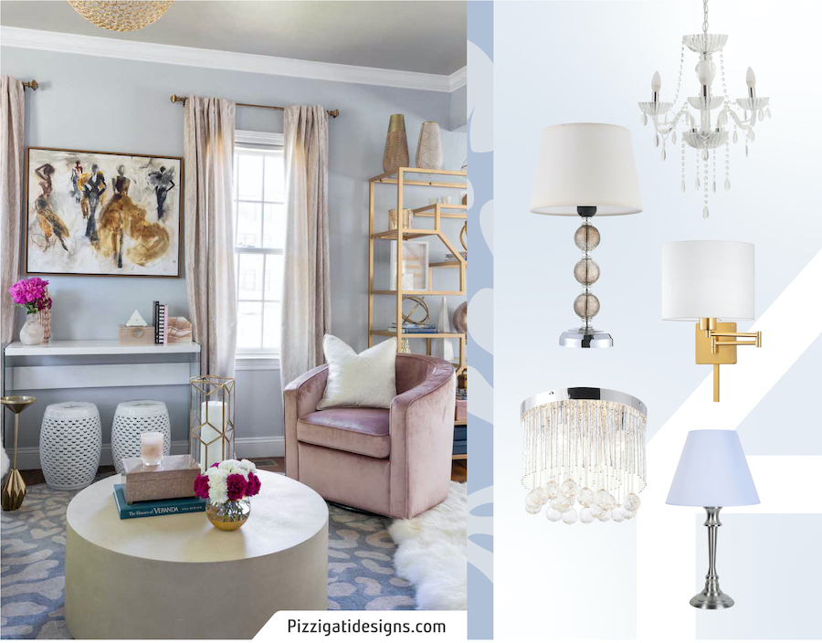 Foto de un living clásico con diferentes puntos de luz para iluminar. A su lado, un moodboard con productos Sodimac que incluye lámparas de mesa, colgantes y focos de muro.