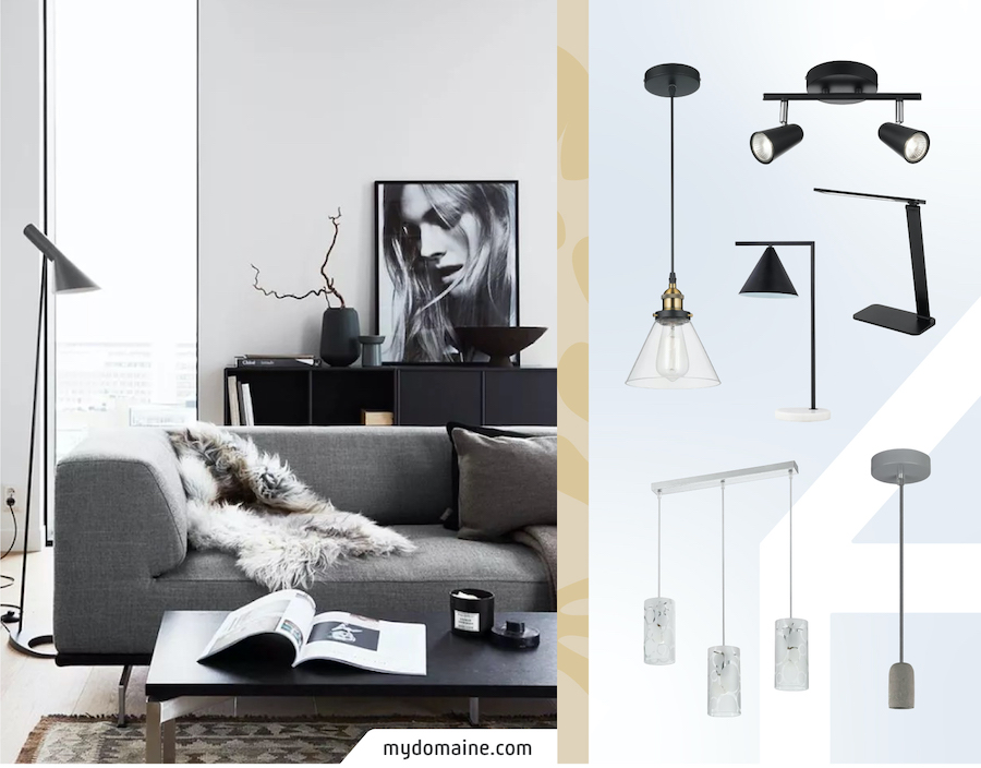 Living de estilo ejecutivo urbano con diferente iluminación. A su lado un moodboard Sodimac con lámparas de techo y apliqués estilo moderno y urbano.