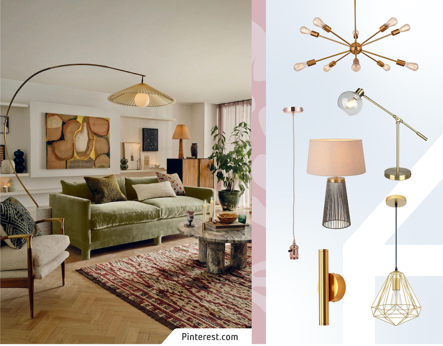 Living de estilo vintage. A su lado un moodboard Sodimac con lámparas de techo, de mesa y apliqués estilo vintage y mid century
