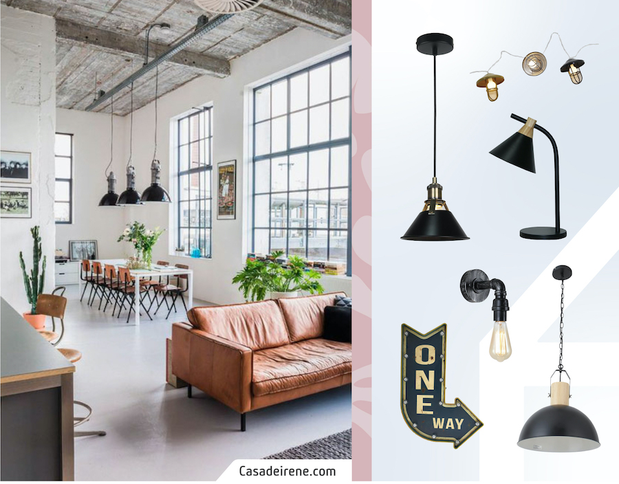 Living de estilo industrial. A su lado un moodboard Sodimac con lámparas de techo, apliqués, focos luminosos, guirnaldas y lámparas de mesa estilo industrial