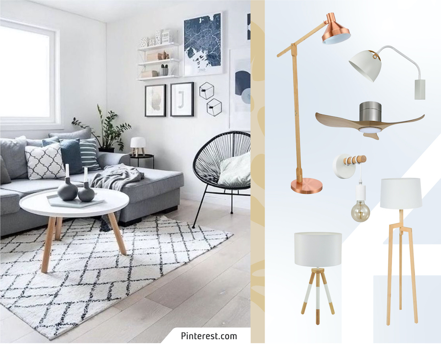 Living de estilo nórdico. A su lado un moodboard Sodimac con lámparas de pie, de mesa, de pie y colgantes de estilo nórdico.