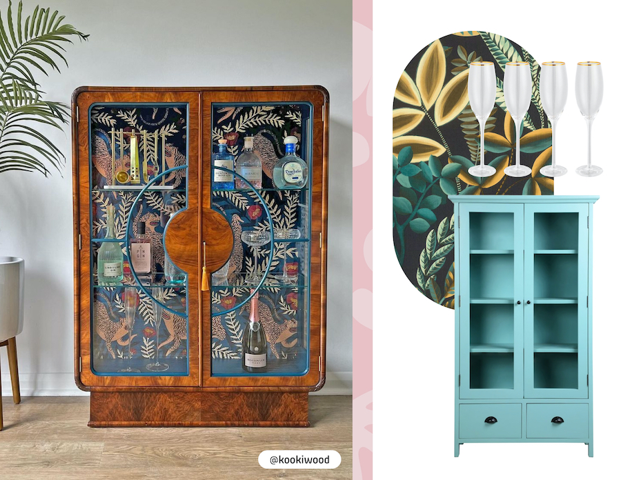 Vitrina vintage, de madera y vidrio, decorada con papel mural. Moodboard Sodimac con papel mural tropical, vitrina celeste y set de copas