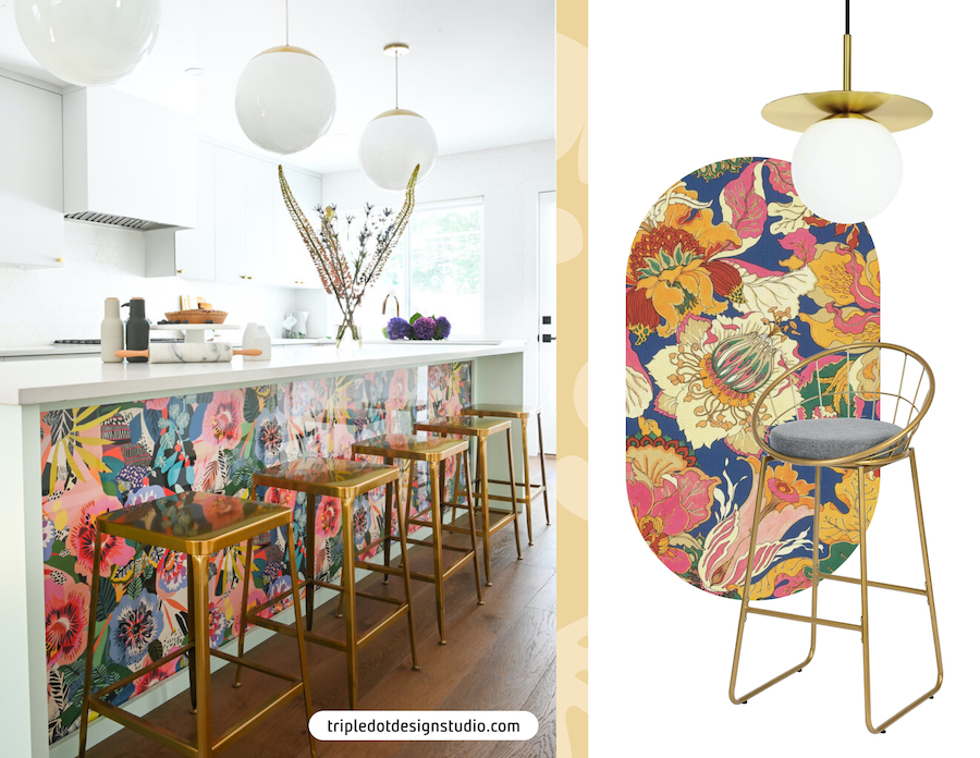 Gran isla de cocina decorada con papel mural. Moodboard Sodimac con papel mural floral, lámpara de techo vintage y pisos altos dorados