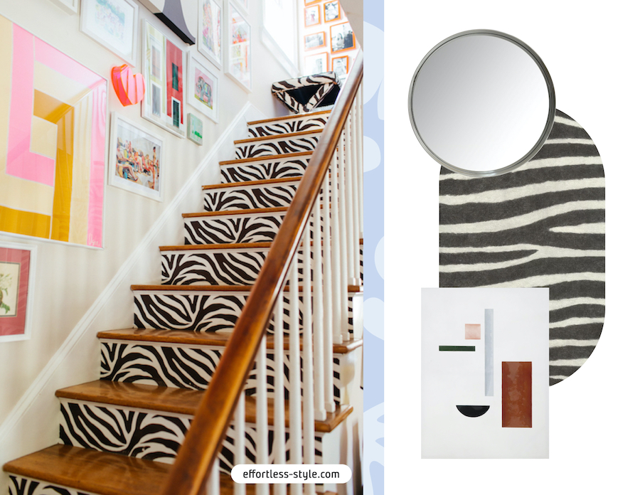 Escalera decorada con papel mural animal print. Moodboard Sodimac con papel mural estampado de cebra, espejo redondo y cuadro abstracto.