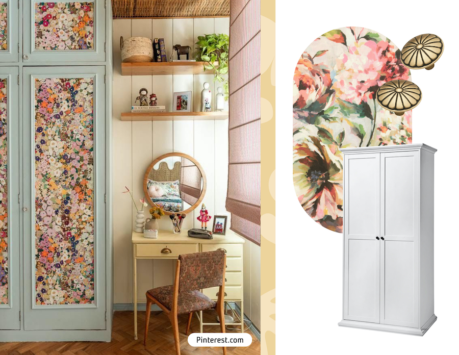 Mueble de madera con puertas decoradas con papel mural. Moodboard Sodimac con papel mural floreado, ropero de madera blanco y porta velas de vidrio