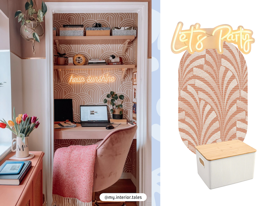 Closet abierto decorado con papel mural rosado. Moodboard Sodimac con papel mural vintage rosado, caja organizadora blanca y neón decorativo