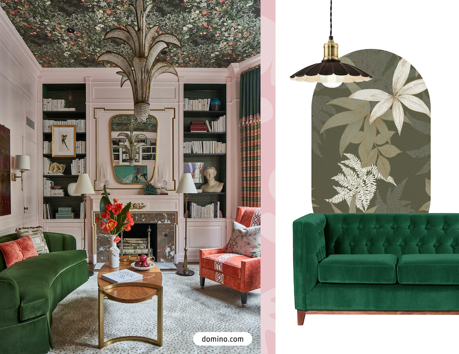 Living maximalista con papel mural en el techo. Moodboard Sodimac con papel mural de hojas verde, lámpara de techo vintage industrial y sofá velvet color verde