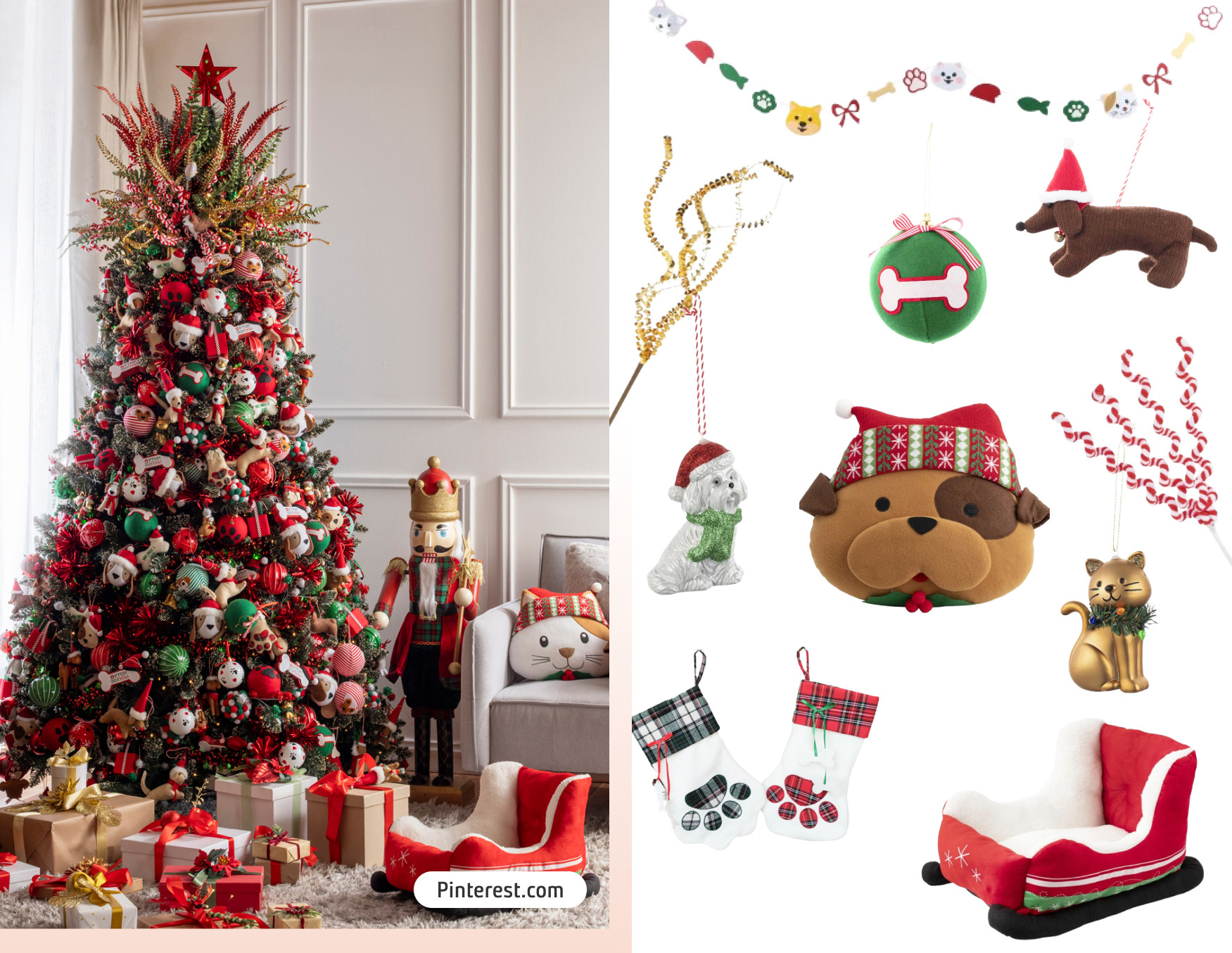 Árbol de Navidad decorado con temática de mascotas, adornos rojos y verdes, peluches de perritos, y cascanueces gigante.