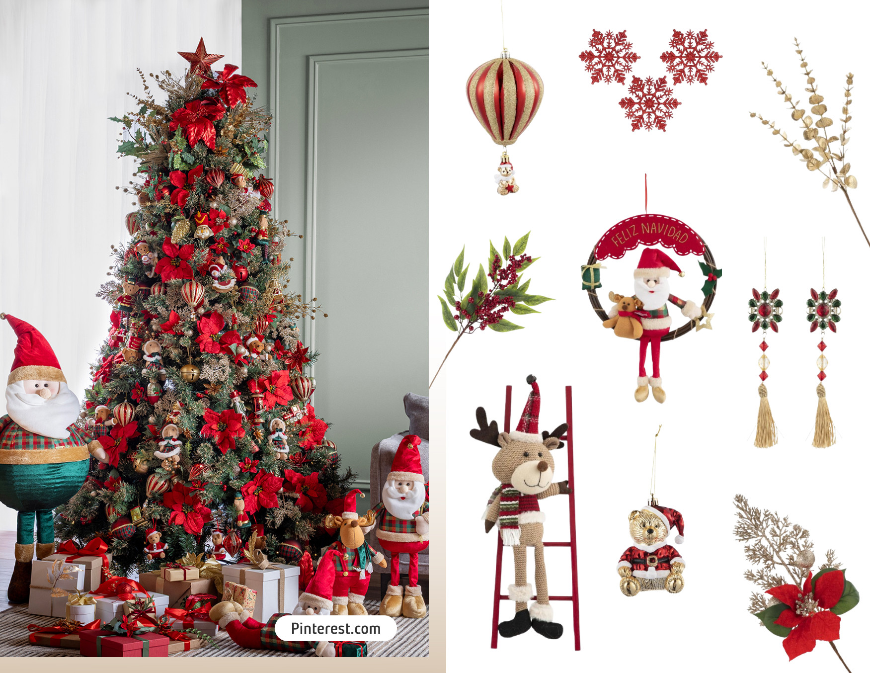 Árbol de Navidad decorado con adornos rojos, dorados y verdes, figuras de Santa Claus -o Viejitos Pascuros-, renos y regalos tradicionales.