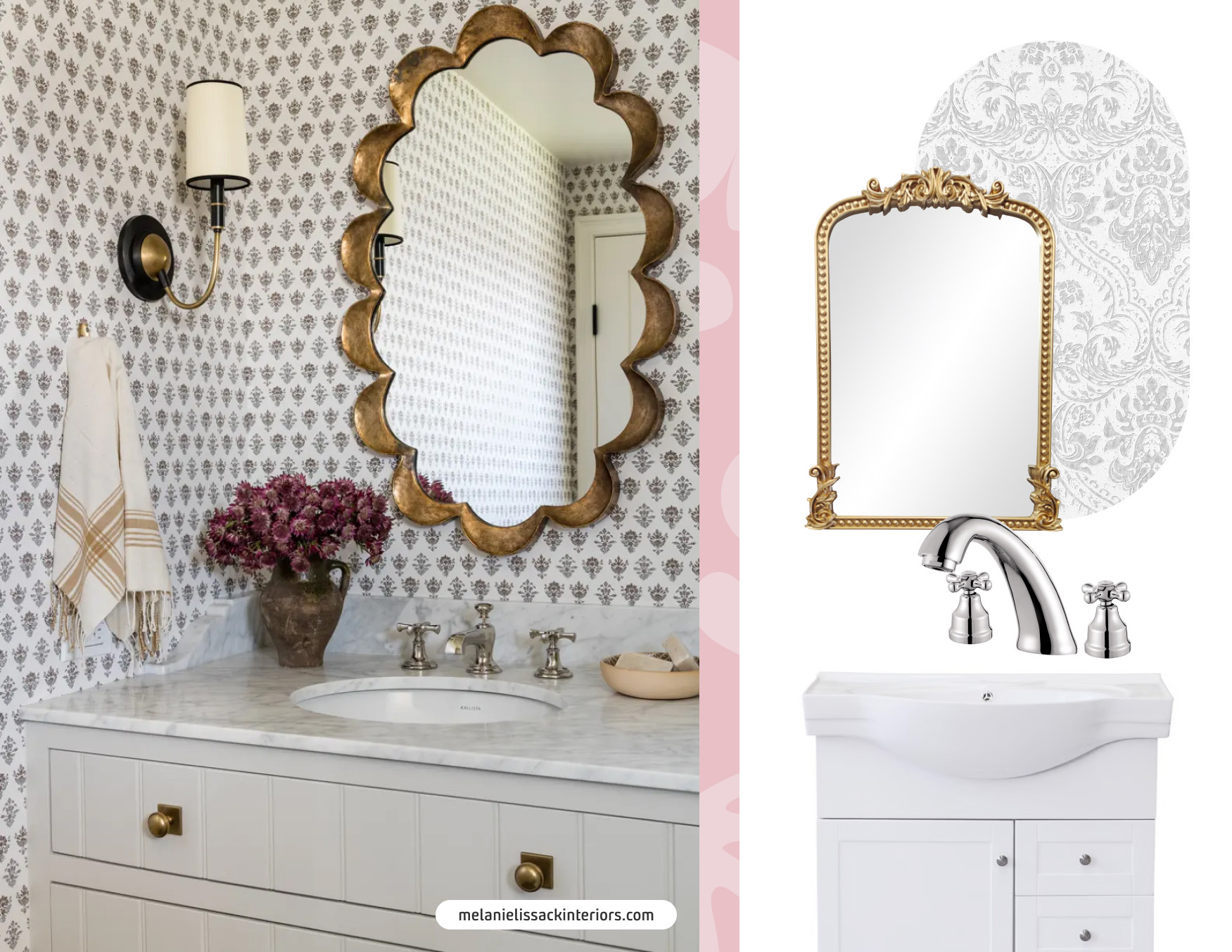 Detalle de un vanitorio de baño de visitas. Mueble de madera con cubierta de mármol. Espejo vintage con marco dorado. Muros con papel mural y lámpara de pared con pantalla de tela