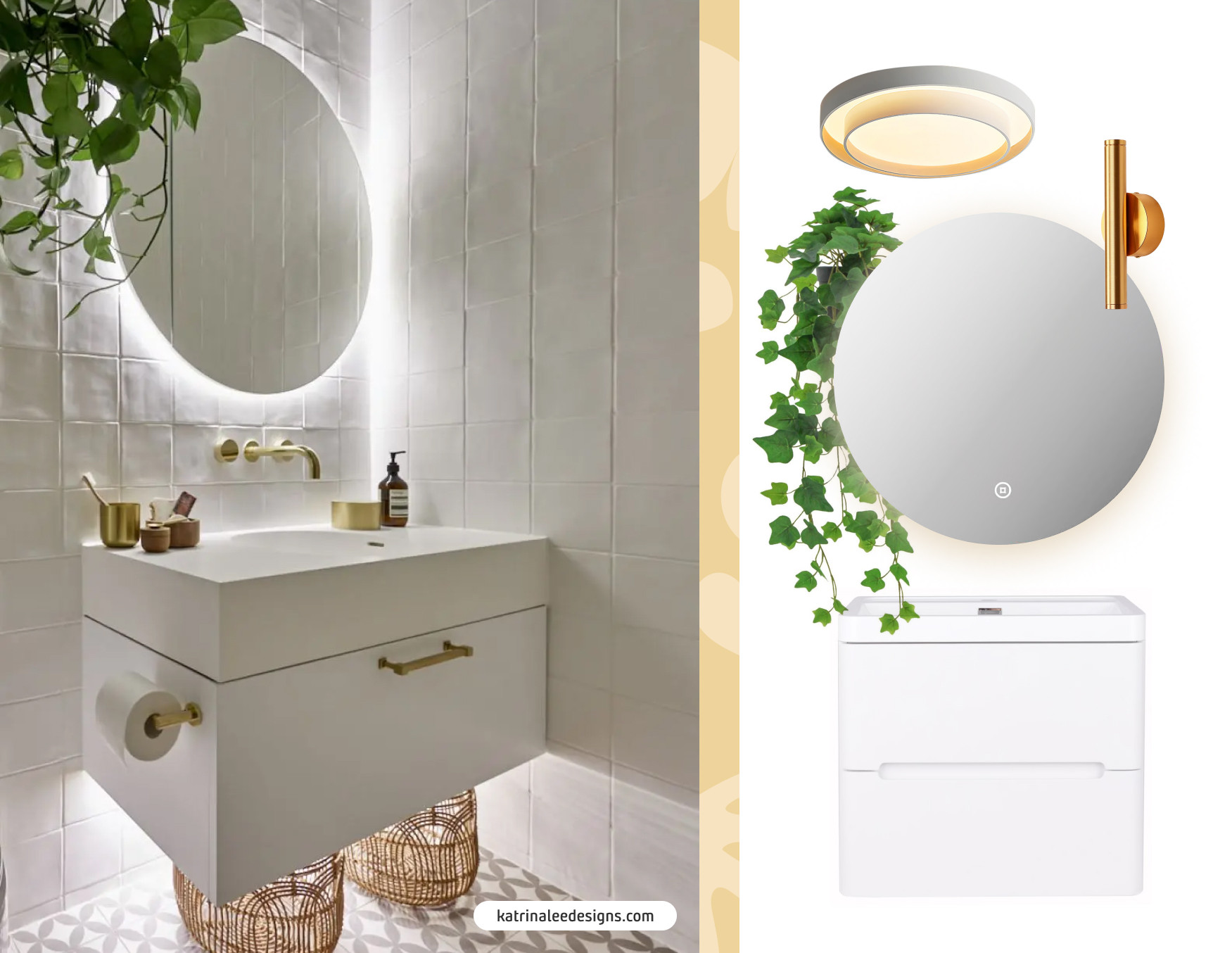 Baño de visita moderno con vanitorio flotante de color blanco. Gran espejo redondo con luz trasera encendida. Accesorios dorados y planta colgante.
