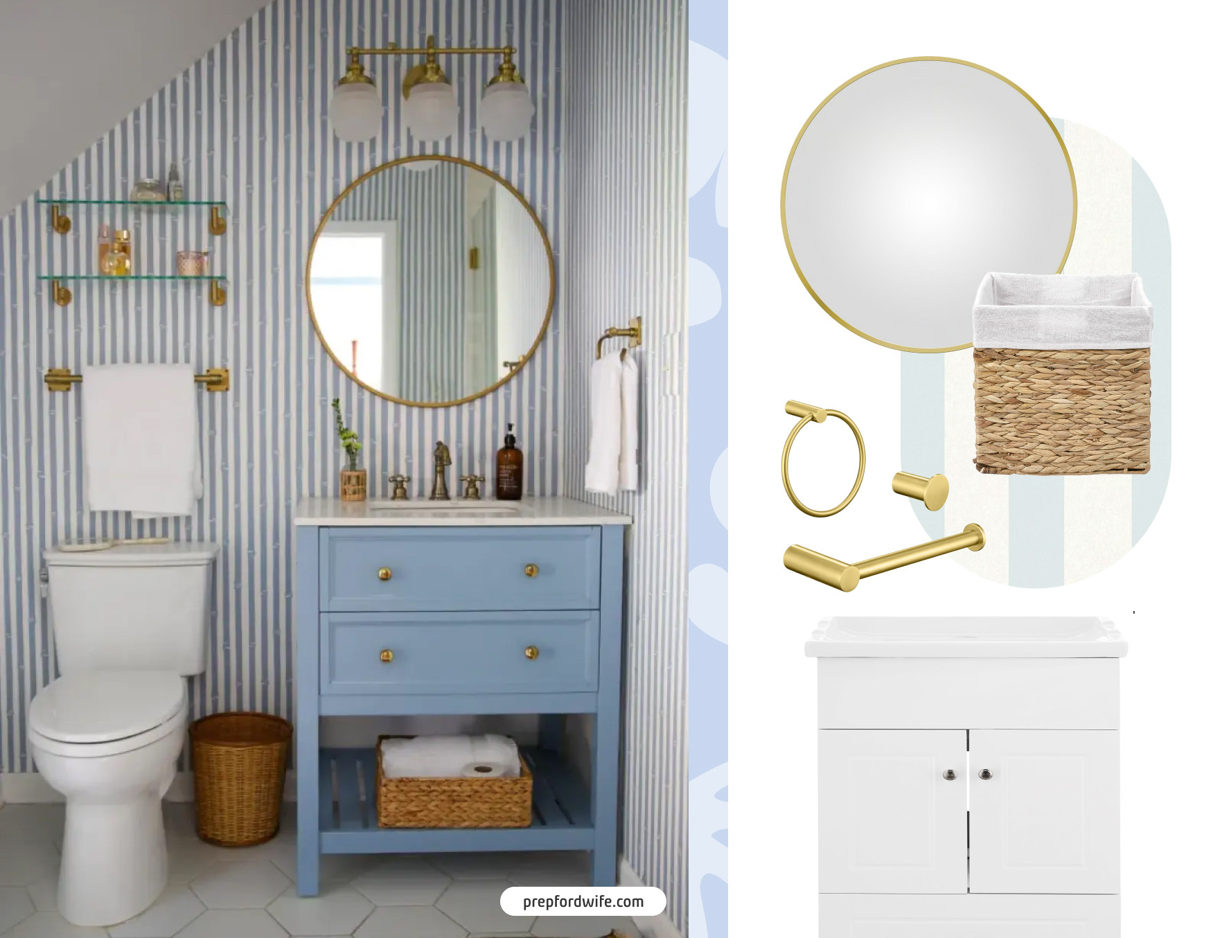 Baño de visitas estilo clásico. Mueble de madera celeste con espejo redondo con marco de madera. Papel mural con líneas celestes y blancas. Repisas flotantes de vidrio y accesorios dorados.