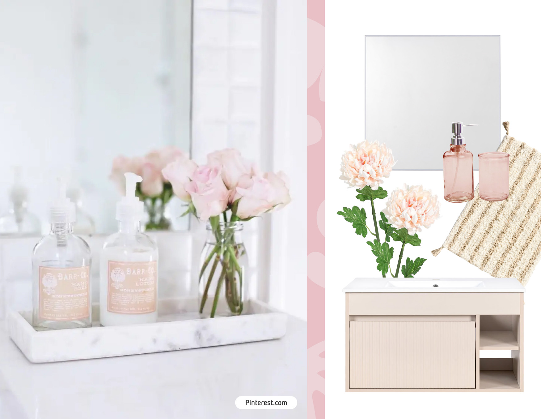 Detalle de un baño de visitas. Pequeña bandeja de mármol con botellas de jabón y crema y florero con rosas rosadas.