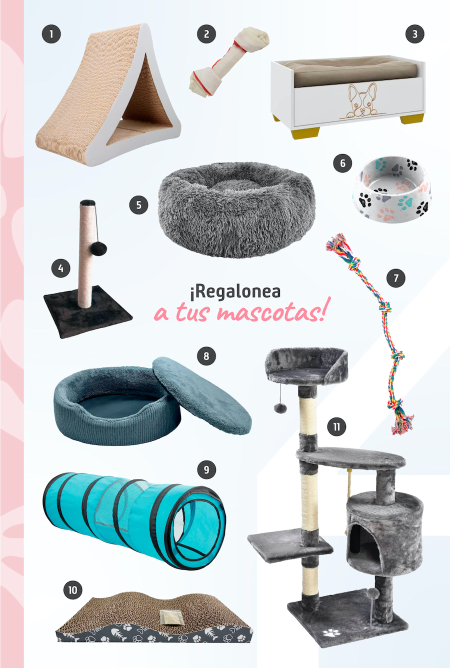 Moodboard de inspiración con opciones para regalar a gatos y perros en su cumpleaños, todas disponibles en Sodimac.