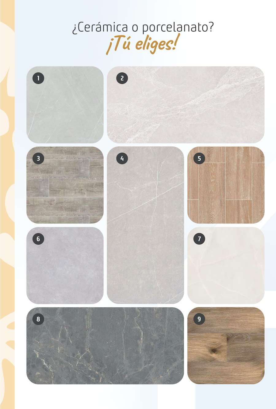 Moodboard de inspiración con 9 opciones de cerámicas y porcelanatos disponibles en Sodimac.
