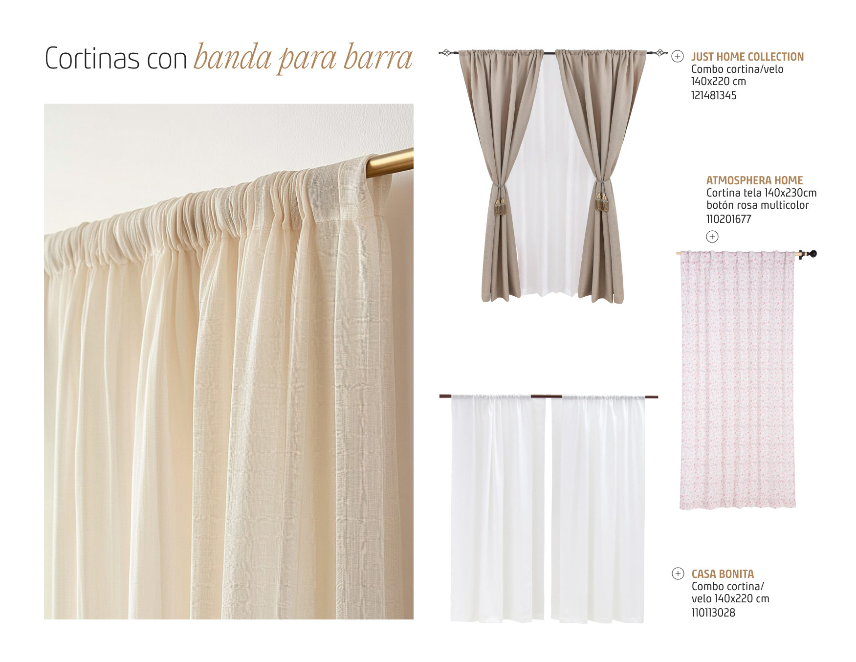 Moodboard de inspiración con la foto a detalle de una cortina de tela con banda para barra. Al costado hay 3 cortinas del mismo estilo, pero diferentes colores disponibles en Sodimac.