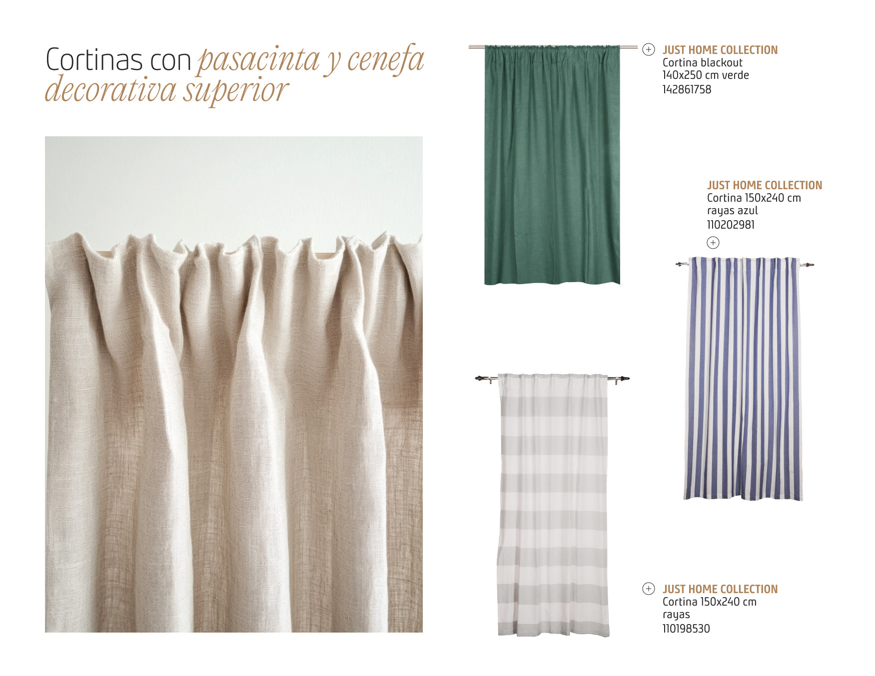 Moodboard de inspiración con la foto a detalle de una cortina de tela con pasacinta y cenefa decorativa superior. Al costado hay 3 cortinas del mismo estilo, pero diferentes colores disponibles en Sodimac.