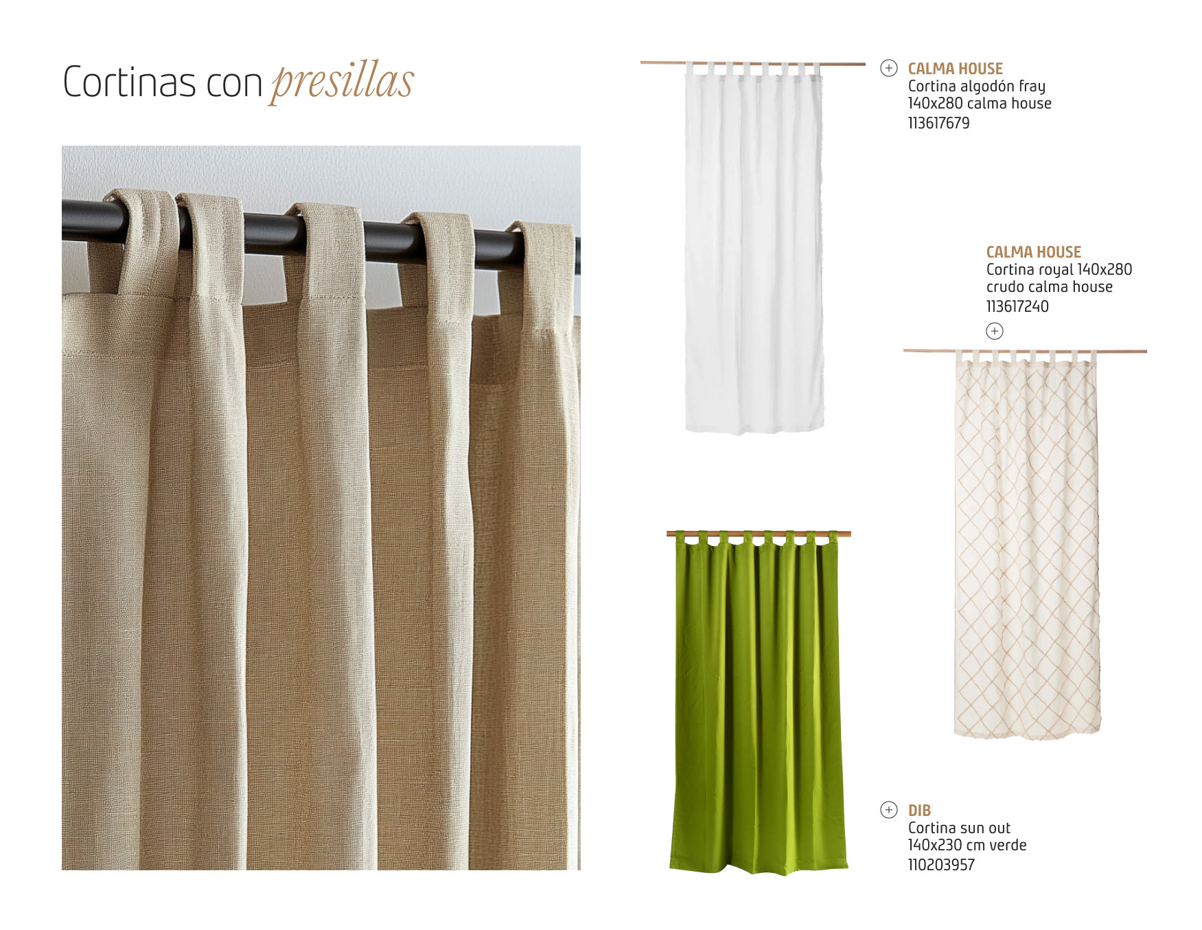 Moodboard de inspiración con la foto a detalle de una cortina de tela con presillas Al costado hay 3 cortinas del mismo estilo, pero diferentes colores disponibles en Sodimac.