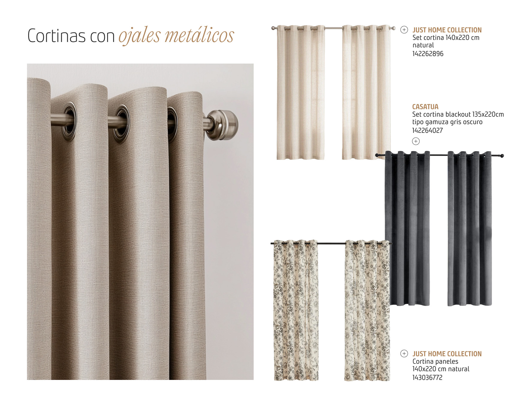 Moodboard de inspiración con la foto a detalle de una cortina de tela con ojales metálicos. Al costado hay 3 cortinas del mismo estilo, pero diferentes colores disponibles en Sodimac.