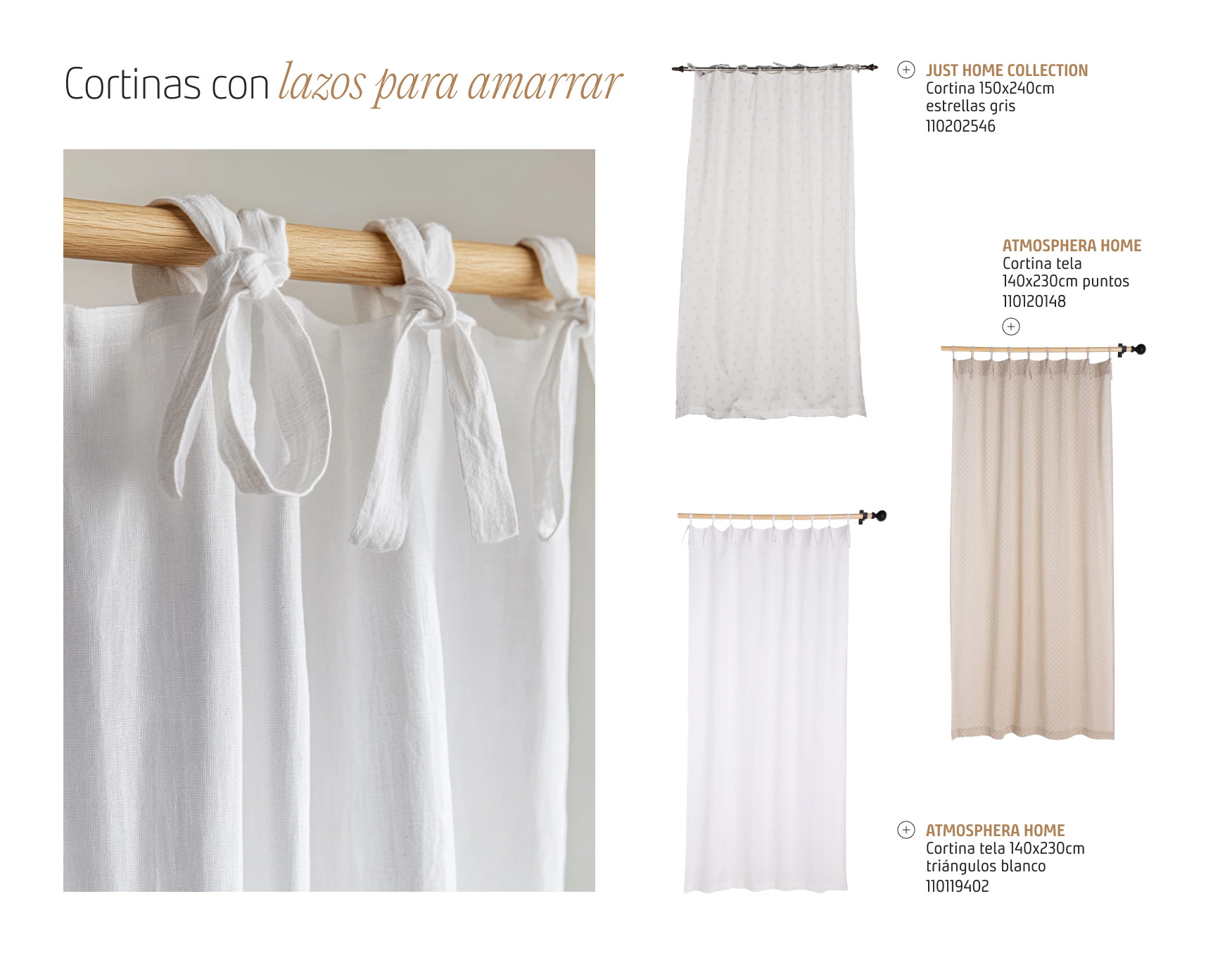 Moodboard de inspiración con la foto a detalle de una cortina de tela con banda para lazos para amarrar. Al costado hay 3 cortinas del mismo estilo, pero diferentes colores disponibles en Sodimac.