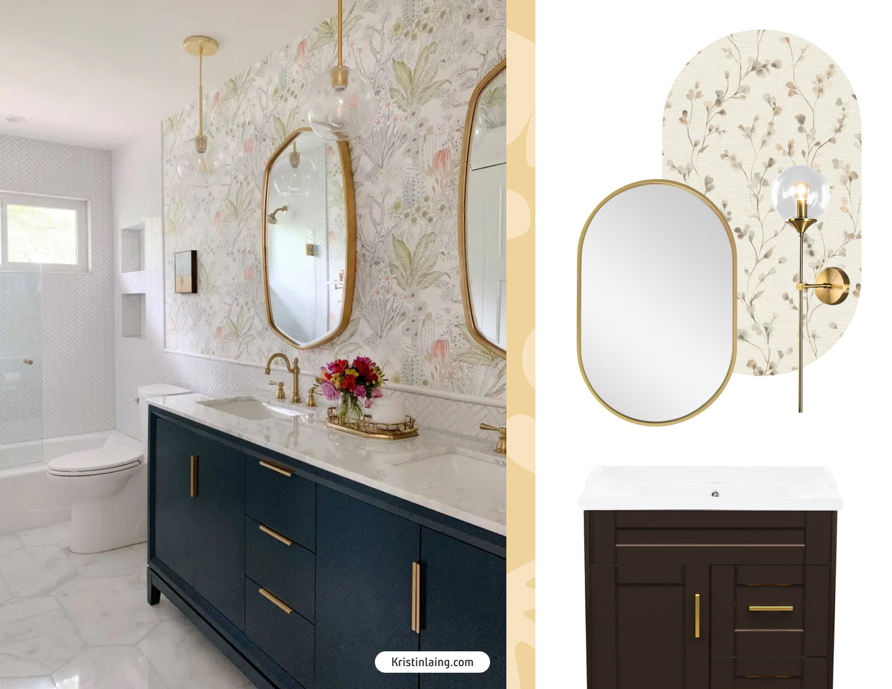 Baño de estilo clásico con papel mural de diseño floral, instalado en la parte superior del muro. Vanitorio doble con mueble de color azul y tiradores dorados. Espejos ovalados con marco dorado. Junto a la foto hay un Moodboard de productos Sodimac.