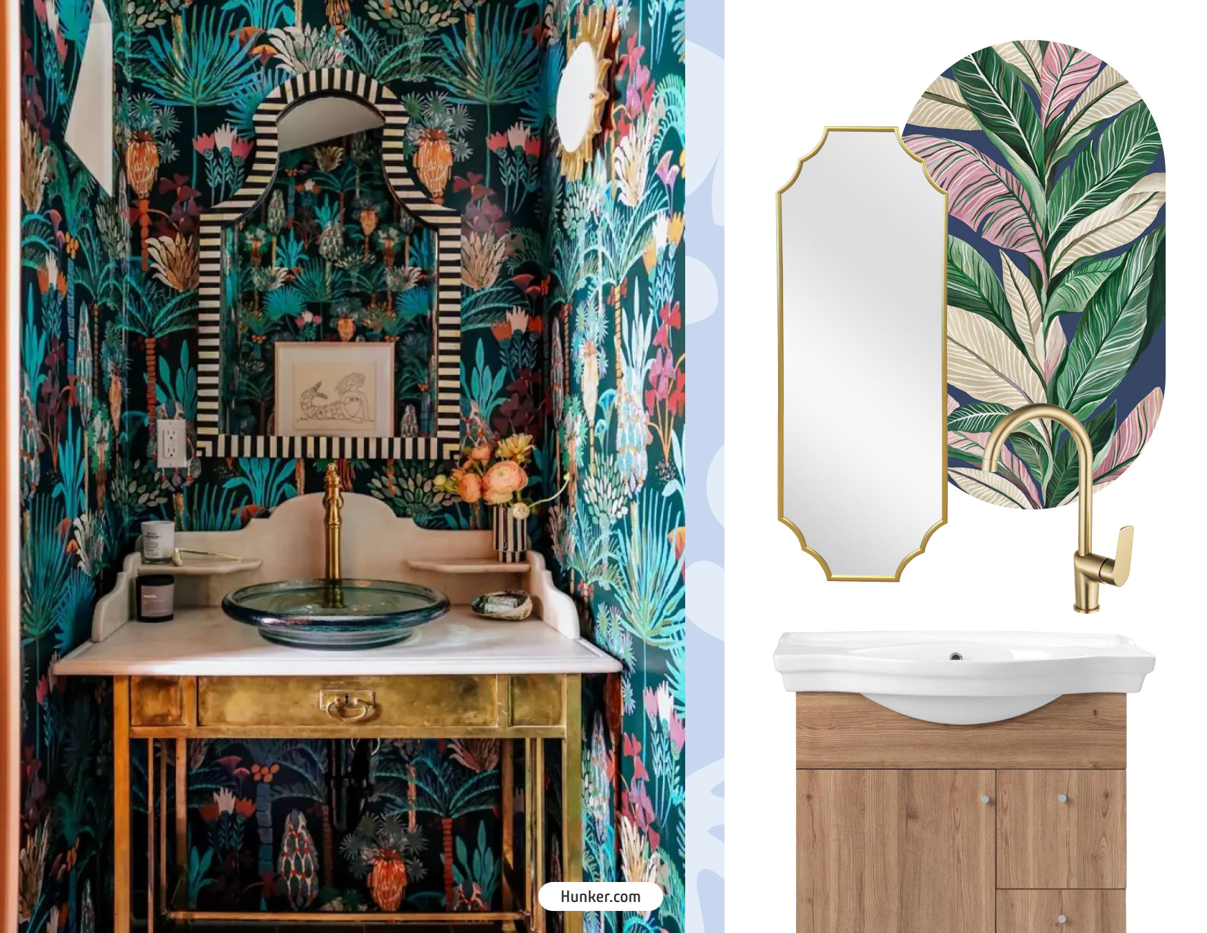 Baño de visita pequeño, con papel mural tropical oscuro instalado en todas las paredes. Vanitorio tipo mueble vintage con lavamanos de vidrio y grifería dorada. Junto a la foto hay un Moodboard de productos Sodimac para conseguir el look.