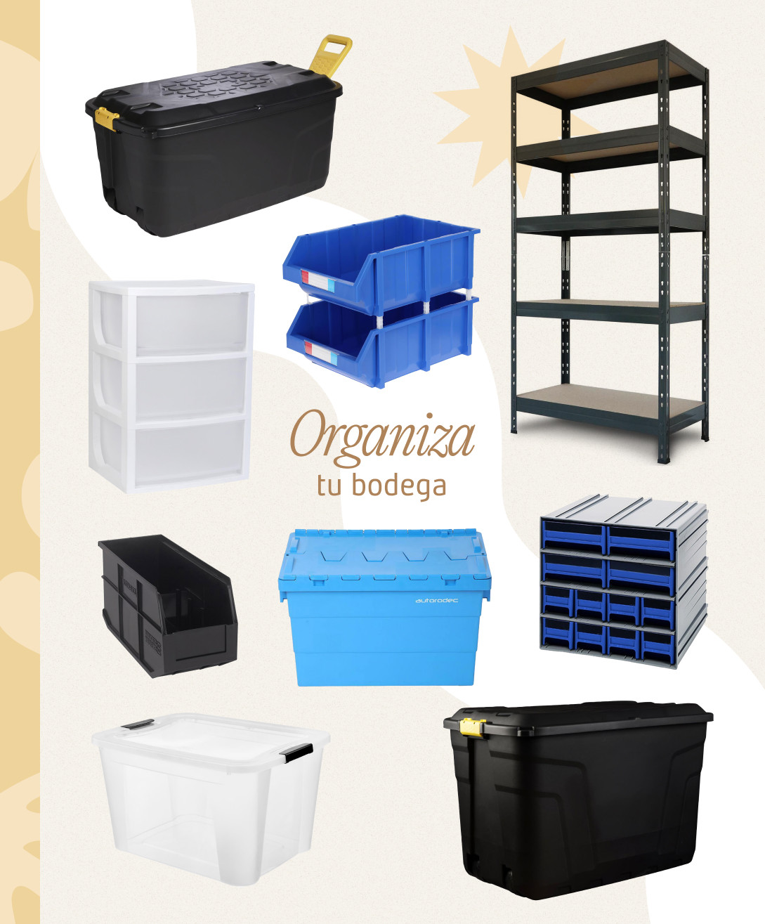 Moodboard de inspiración con distintas cajas, baúles, estantes y organizadores para ordenar una bodega. Todos disponibles en Sodimac.