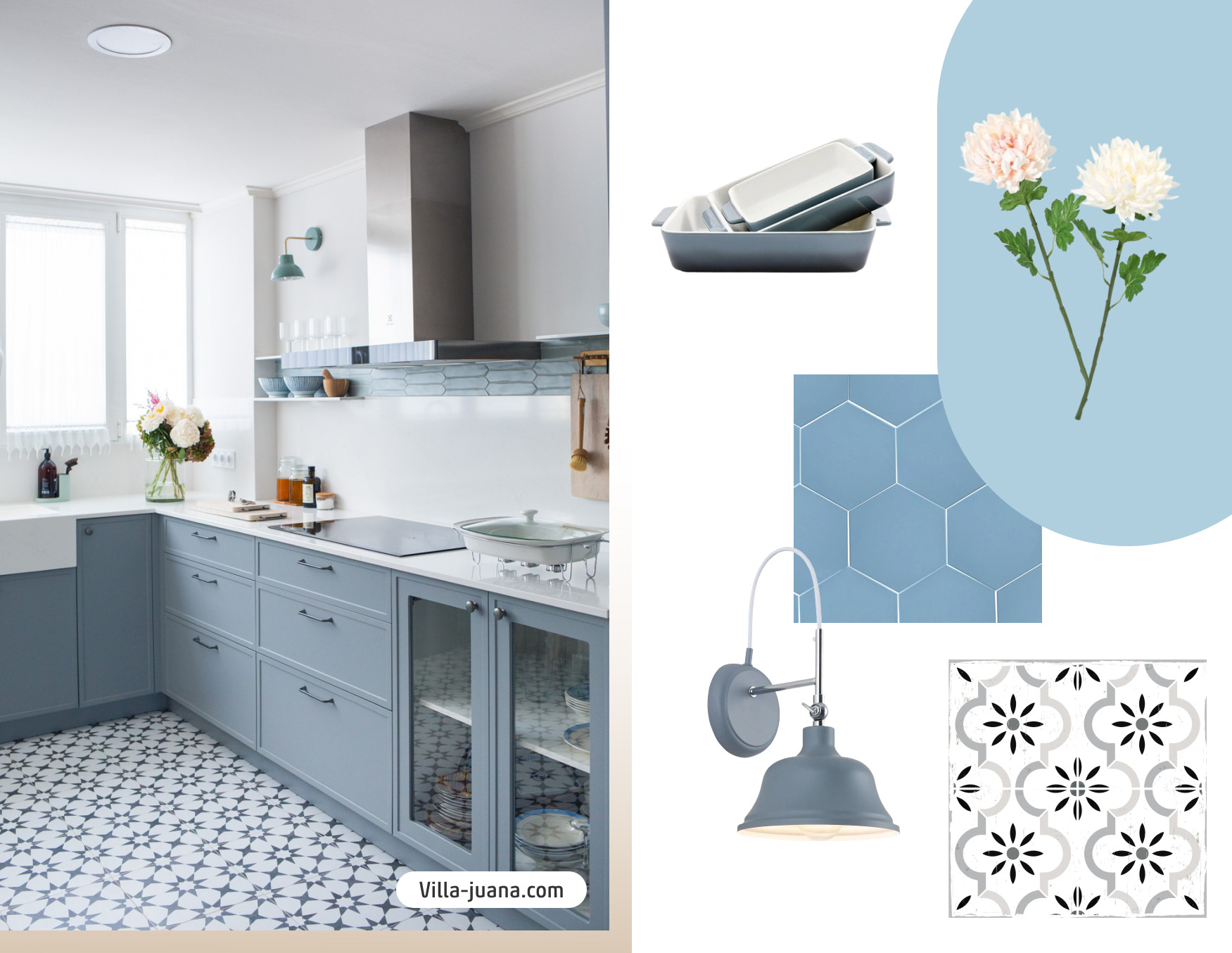 Moodboard de inspiración con una foto de una cocina con muebles de color azul cielo con piso vinílico con diseño que combina. Al costado están los productos y colores 2025 para lograr ese look.