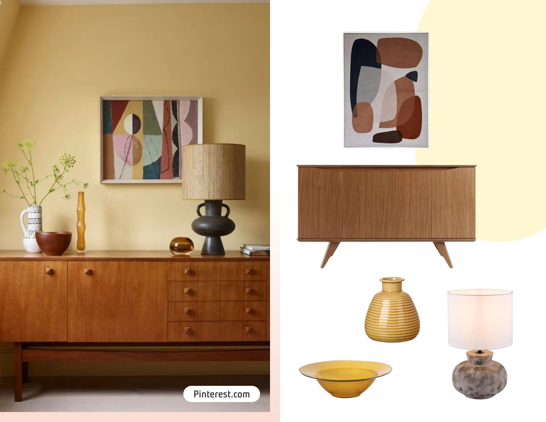 Moodboard de inspiración con una foto de un living o comedor con una pared amarillo pálido y un buffet de madera. Sobre él hay jarrones, un cuadro y una lámpara. Al costado están los productos y colores 2025 para lograr ese look.