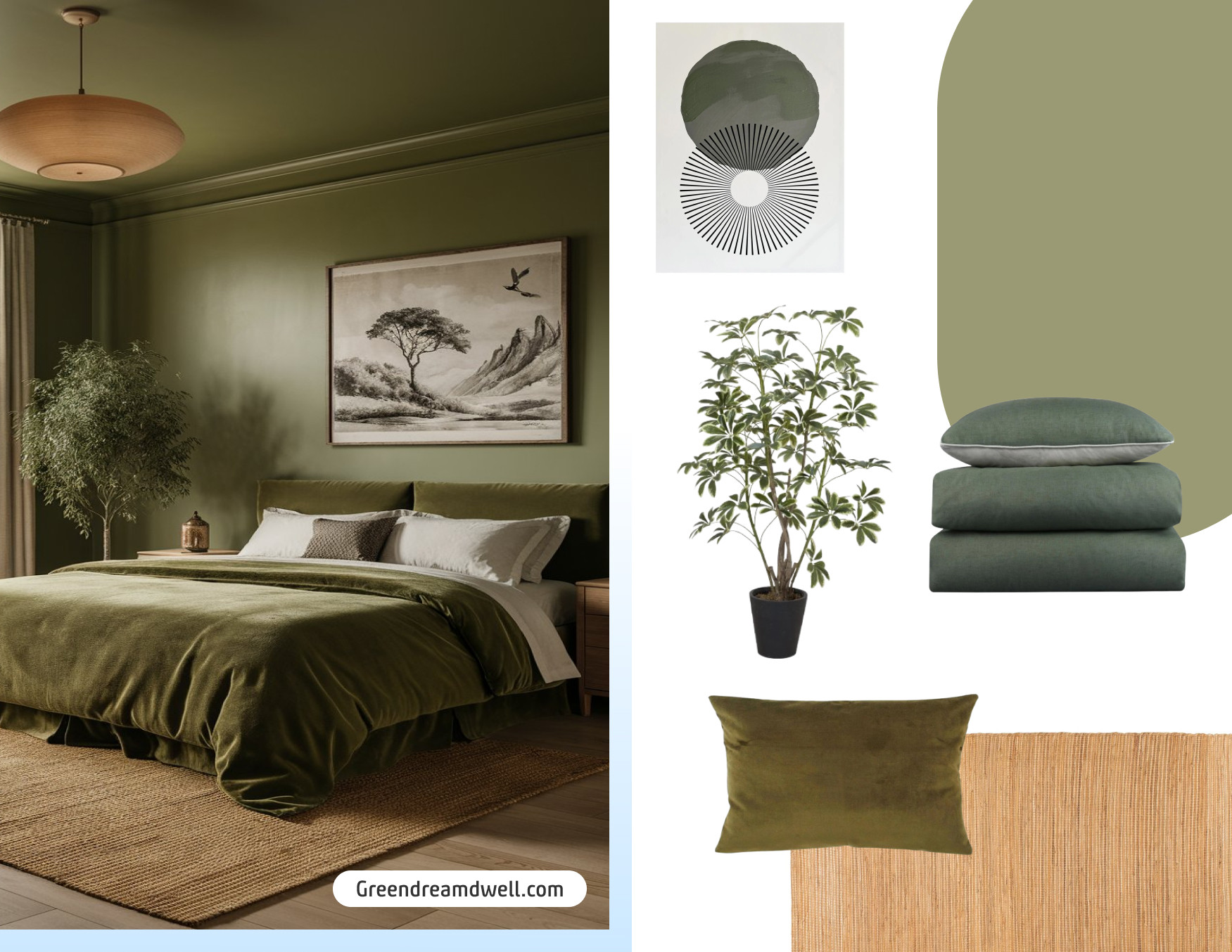 Moodboard de inspiración con una foto de un dormitorio con paredes verde oliva, ropa de cama del mismo tono, una alfombra de yute y una lámpara colgante de fibras naturales. Al costado están los productos y colores 2025 para lograr ese look.