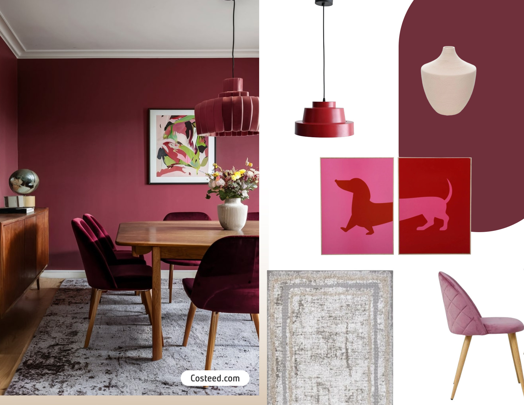 Moodboard de inspiración con una foto de un comedor con paredes pintadas de burdeos, una mesa de madera, sillas con tapiz burdeos y una alfombra gris en el suelo. Al costado están los productos y colores 2025 para lograr ese look.