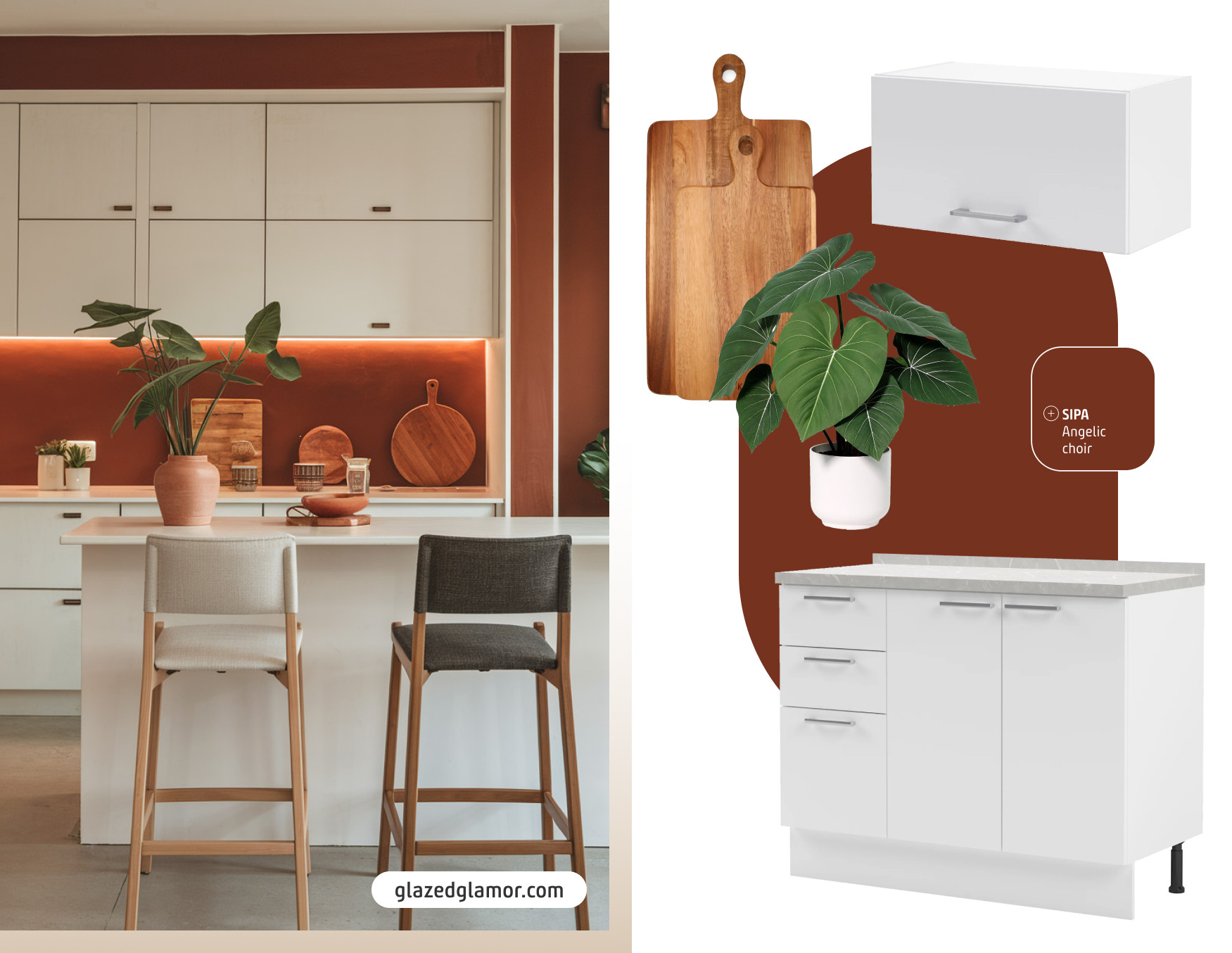 Moodboard de inspiración con una foto de una cocina con muebles blancos, muros terracota y utensilios de madera. Al costado están los productos disponibles en Sodimac para lograr ese look.