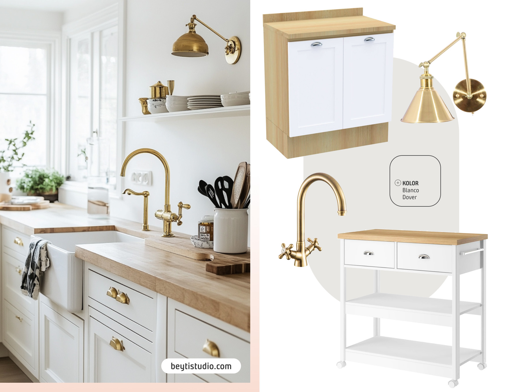 Moodboard de inspiración con una foto de una cocina con muebles blancos, cubiertas de madera, tiradores y grifería con acabado dorado. Al costado están los productos disponibles en Sodimac para lograr ese look.