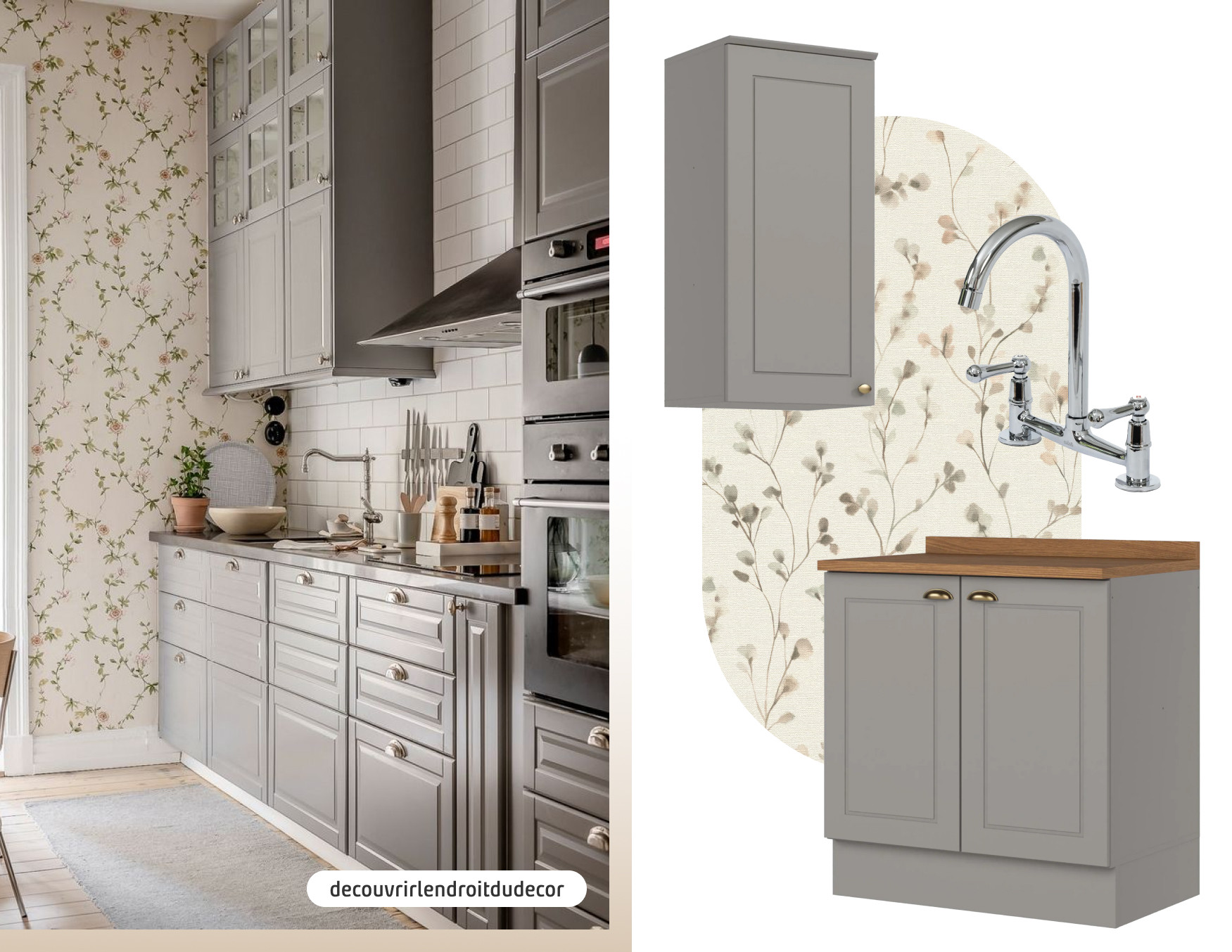 Moodboard de inspiración con una foto de una cocina con muebles grises y papel mural de flores en loas muros. Al costado están los productos disponibles en Sodimac para lograr ese look.