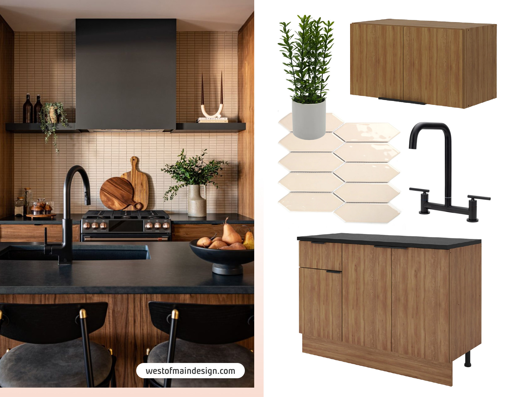 Moodboard de inspiración con una foto de una cocina con muebles de madera, azulejos color beige, y cubiertas y grifería en negro mate. Al costado están los productos disponibles en Sodimac para lograr ese look.